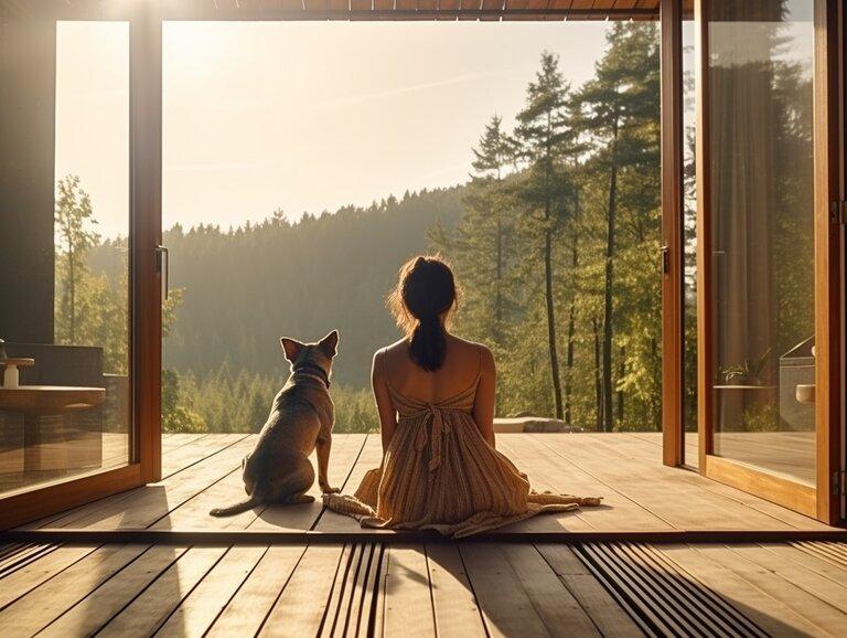 Frau genießt die Natur, während sie auf der Holzterrasse des Ferienhauses sitzt und daneben ihr Haustier (Hund).