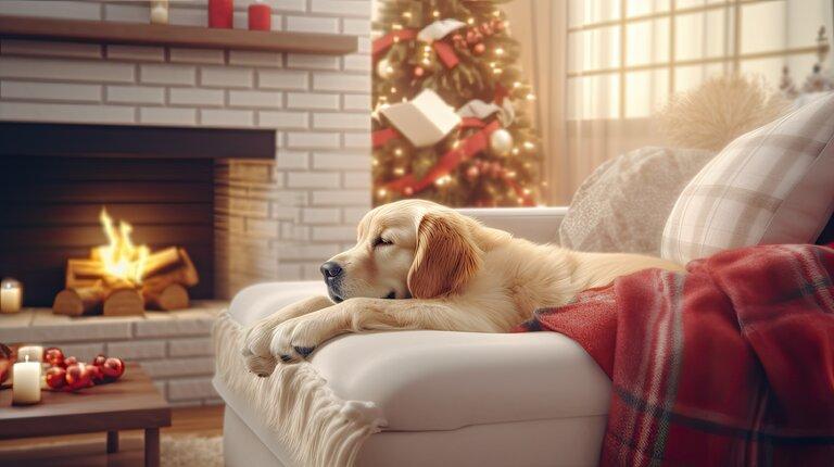 Ein süßer Golden Retriever Hund auf dem Sofa, Familienurlaub im Ferienhaus, gemütlich.