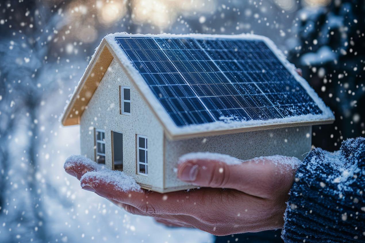 Person hält ein Miniaturhaus mit Solaranlage in schneebedeckter Landschaft – Photovoltaik Krefeld als nachhaltige Lösung für Winterstrom.