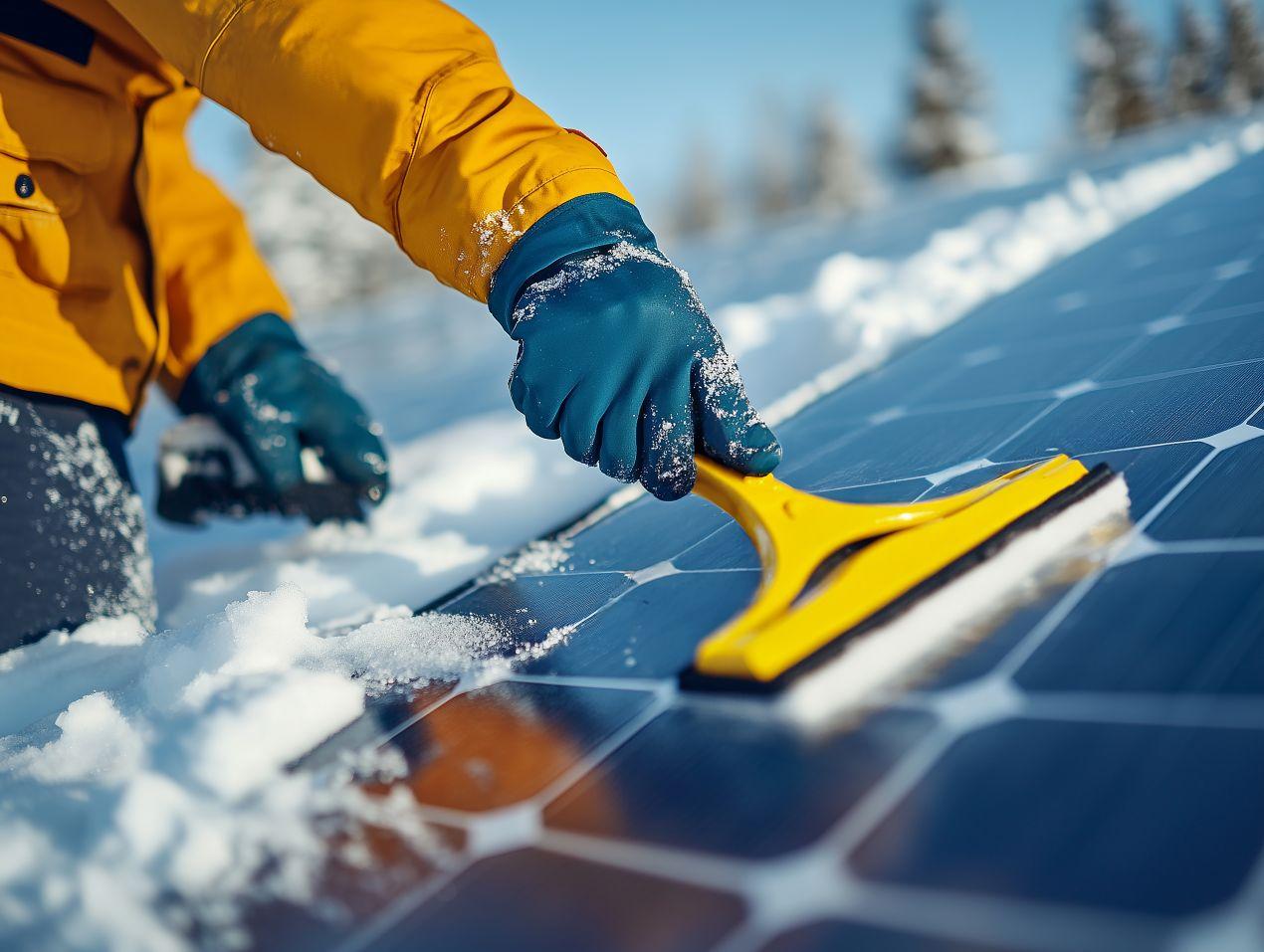 Nahaufnahme einer Hand mit Schneeschieber, die Solarmodule von Schnee befreit – Photovoltaik Krefeld im Winter für optimale Stromerzeugung.