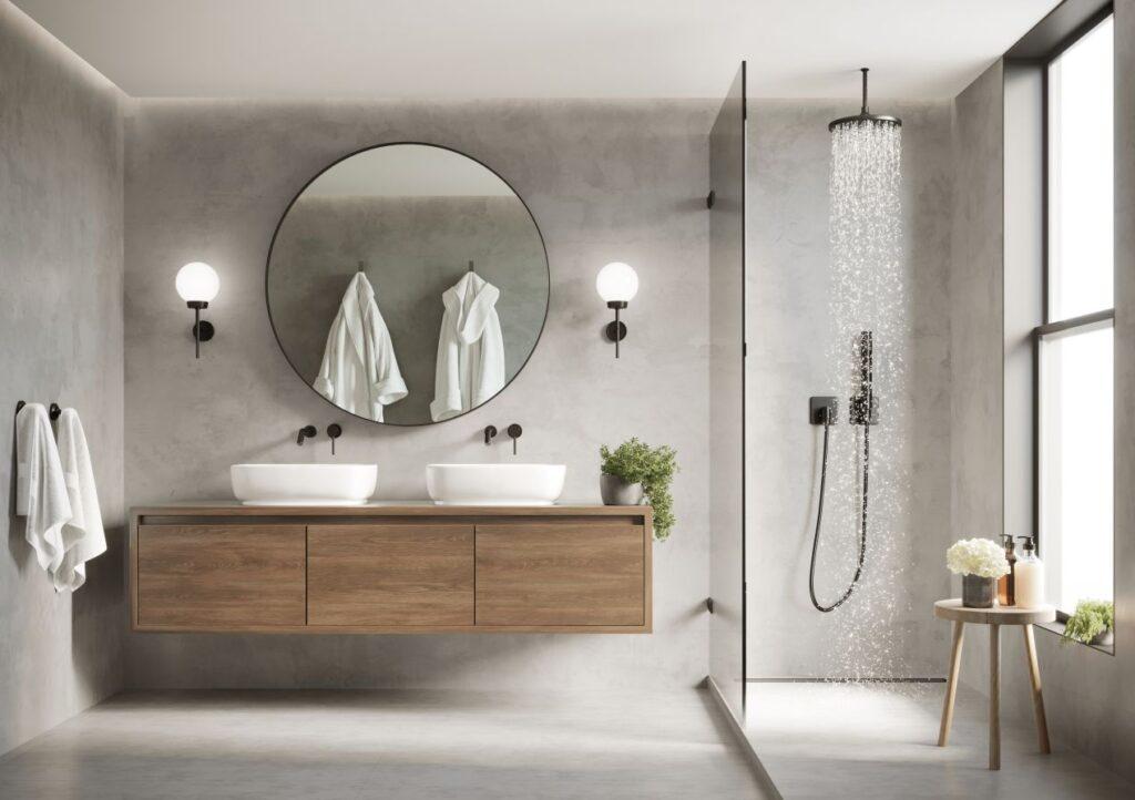Modernes Badezimmer mit wandbündiger Duschrueckwand in Betonoptik, Regendusche und Holz-Waschtisch – ideal fuer pflegeleichte Badgestaltung.