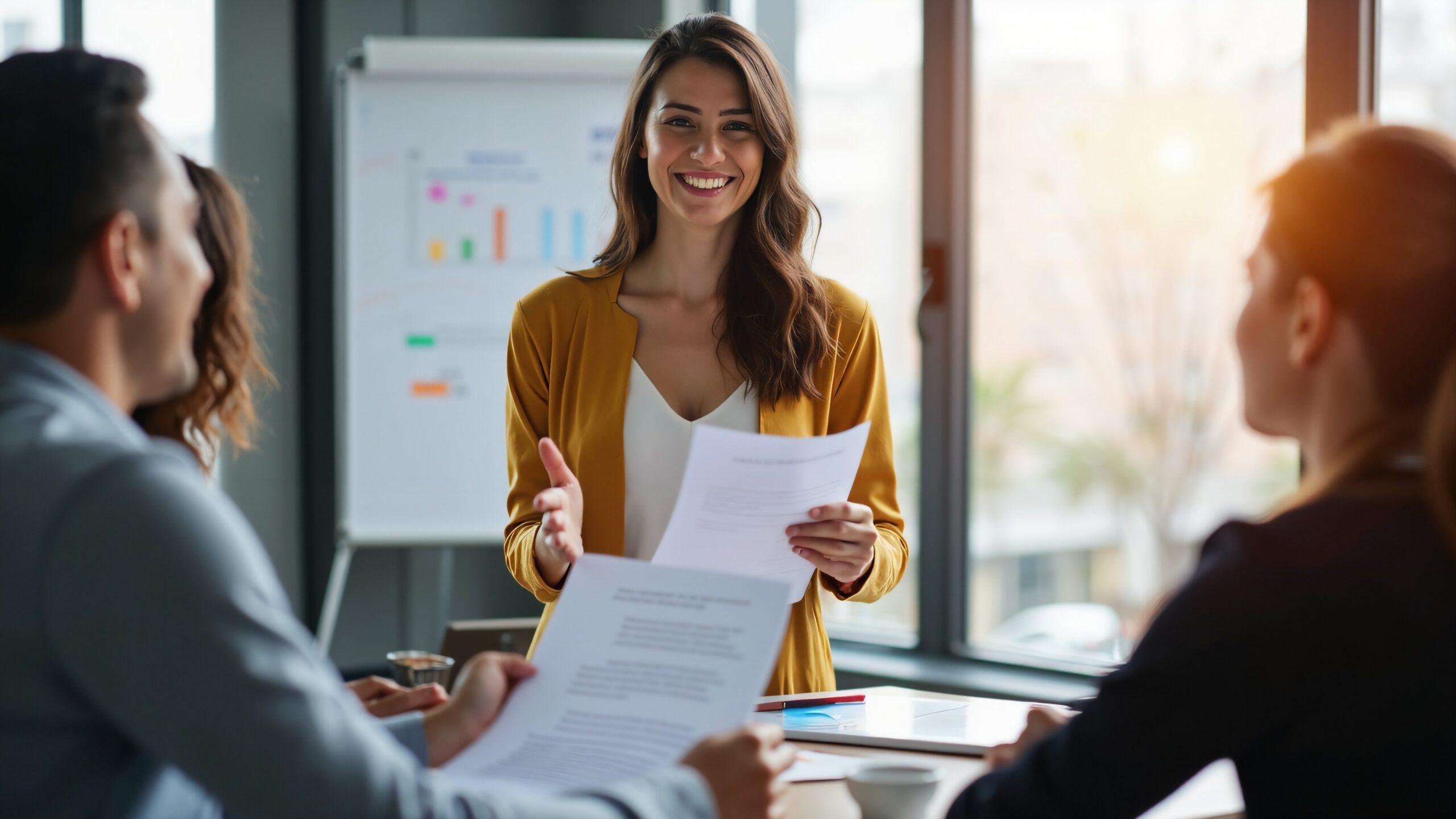 Brainstorming und Planung Geschäftsfrau leitet Teambesprechung im Büro-Besprechungsraum zur strategischen Entwicklung.