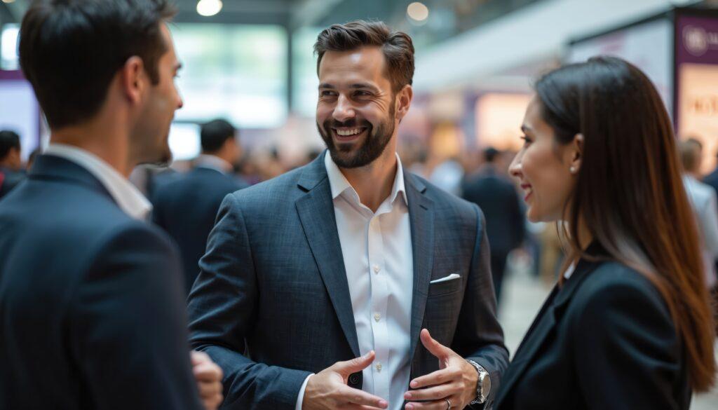 Verschiedene Personen in Anzügen führen Interaktionen und Networking durch.