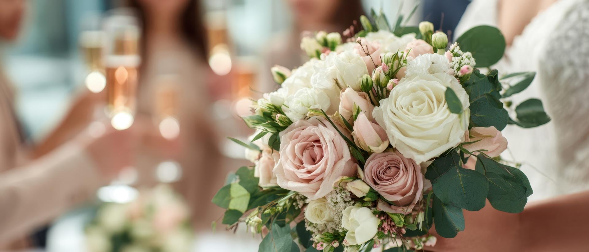 Brautstrauß und Sektgläser bei Hochzeit | Brautkleider Kiel