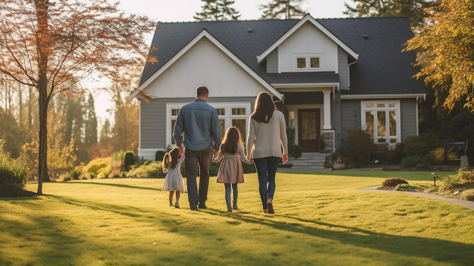 Familie spaziert über Rasen vor modernem Einfamilienhaus | Photovoltaik Halle