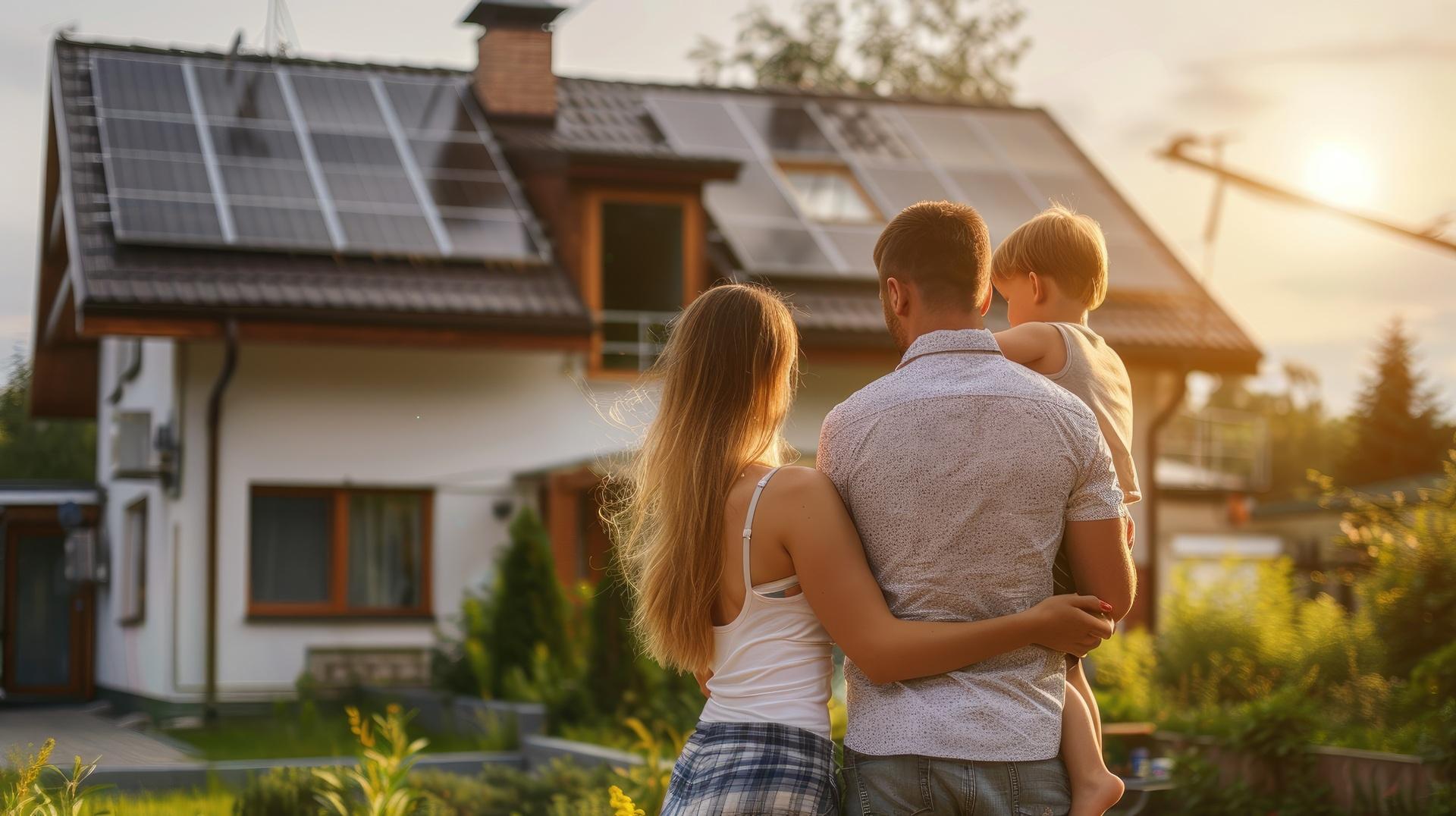 Familie betrachtet Haus mit Solarpanelen bei Sonnenuntergang | Photovoltaik Halle