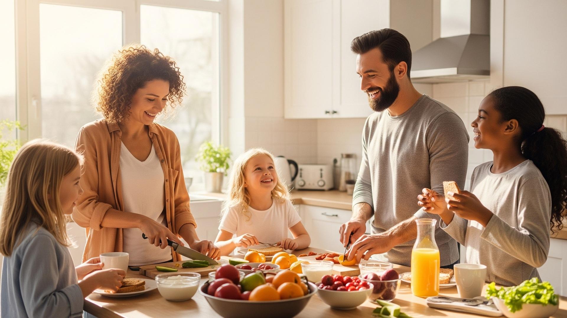 Familie bereitet frisches Fruehstueck gemeinsam in der Küche zu | Wasserfilteranlage